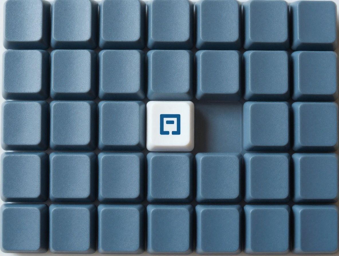 Pantalla digital con cuadrícula modular de bloques de contenido bien estructurados en tonos oscuros azules con elementos geométricos precisos