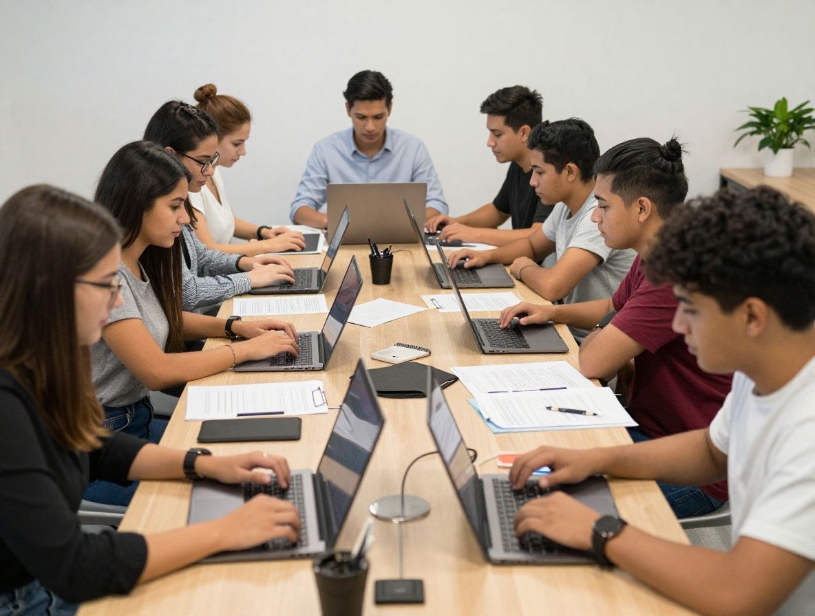 Grupo diverso de jóvenes profesionales y estudiantes trabajando colaborativamente alrededor de mesa grande con ordenadores portátiles y materiales de aprendizaje en espacio de trabajo moderno