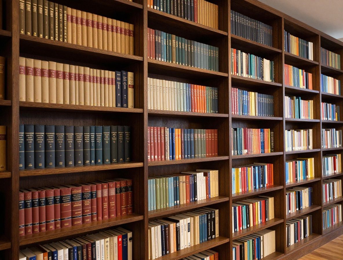 Biblioteca institucional de arquitectura clásica con estanterías altas de madera oscura llenas de libros académicos e iluminación cálida desde lámparas laterales